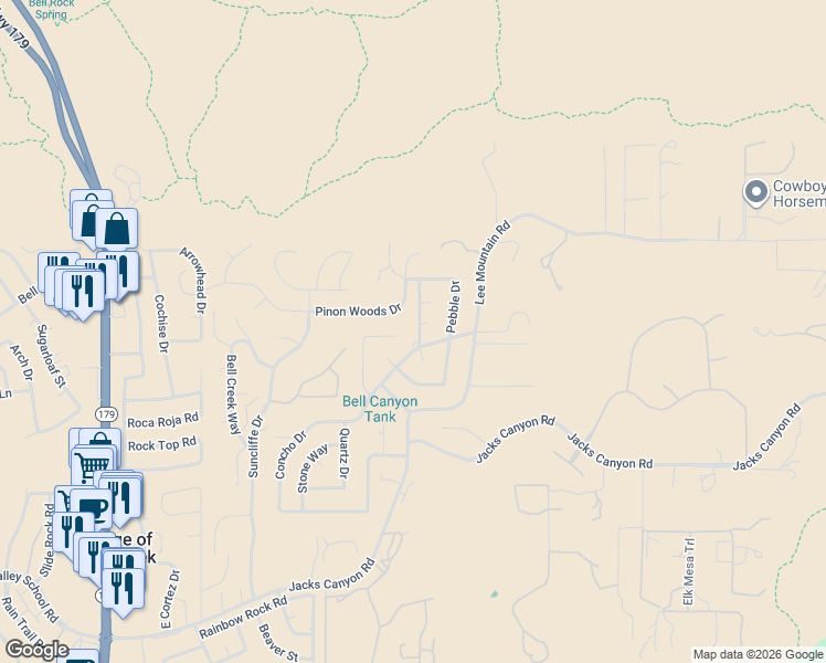 map of restaurants, bars, coffee shops, grocery stores, and more near 35 Broken Lance Way in Sedona