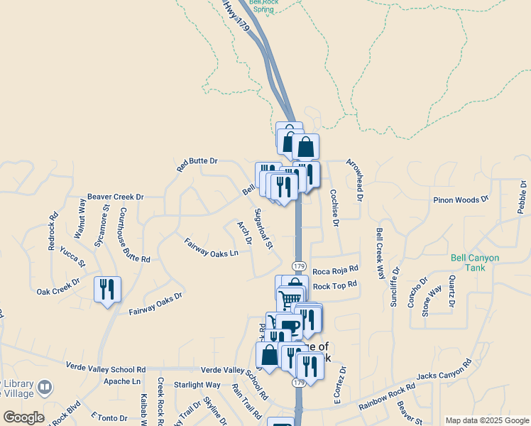 map of restaurants, bars, coffee shops, grocery stores, and more near 75 Sugarloaf Street in Sedona