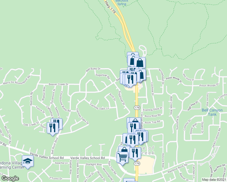 map of restaurants, bars, coffee shops, grocery stores, and more near 180 Arch Drive in Sedona