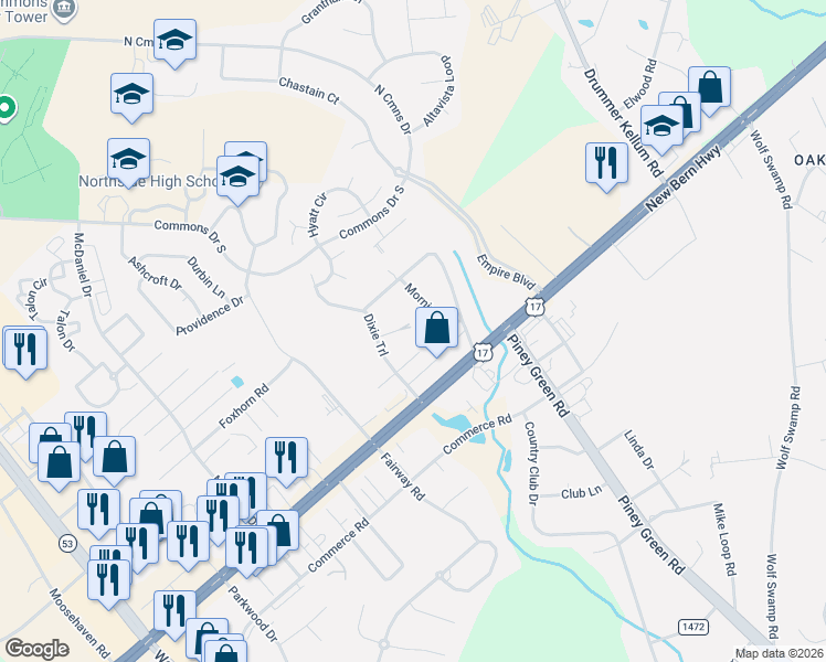 map of restaurants, bars, coffee shops, grocery stores, and more near 14 East Donna Court in Jacksonville