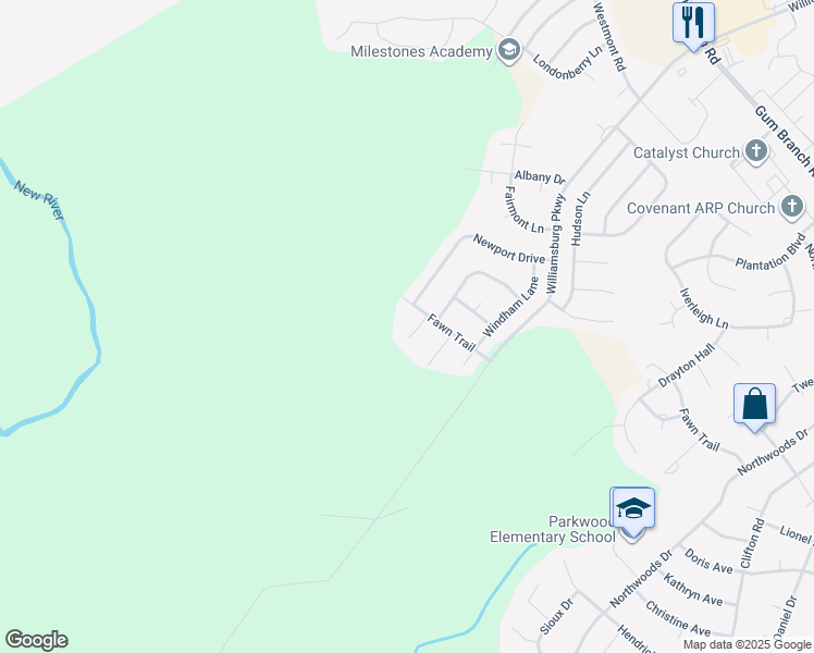 map of restaurants, bars, coffee shops, grocery stores, and more near 109 Huntington Court in Jacksonville