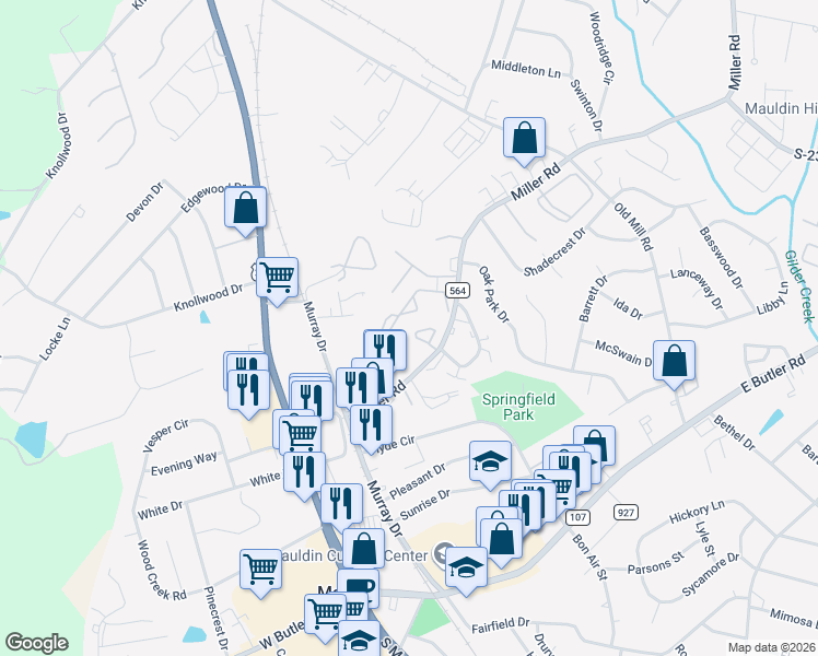 map of restaurants, bars, coffee shops, grocery stores, and more near 299 Miller Road in Mauldin