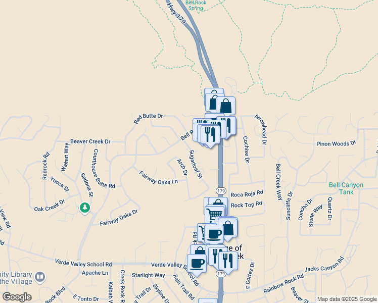 map of restaurants, bars, coffee shops, grocery stores, and more near 81 Bell Rock Plaza in Sedona