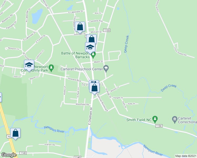 map of restaurants, bars, coffee shops, grocery stores, and more near 142 Chatham Street in Newport