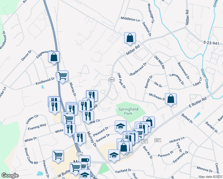 map of restaurants, bars, coffee shops, grocery stores, and more near 15 Miller Road in Mauldin