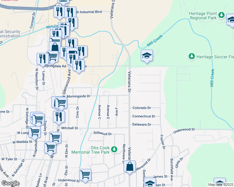 map of restaurants, bars, coffee shops, grocery stores, and more near 717 Morningside Drive in Dalton
