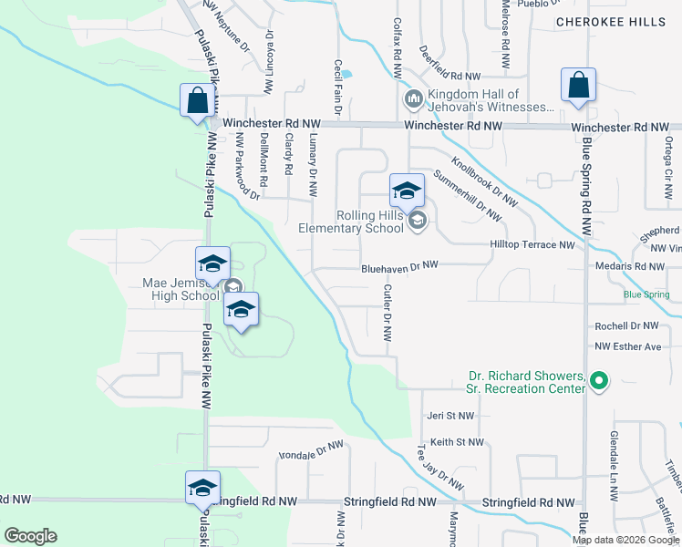 map of restaurants, bars, coffee shops, grocery stores, and more near 4805 Doyce Lane Northwest in Huntsville