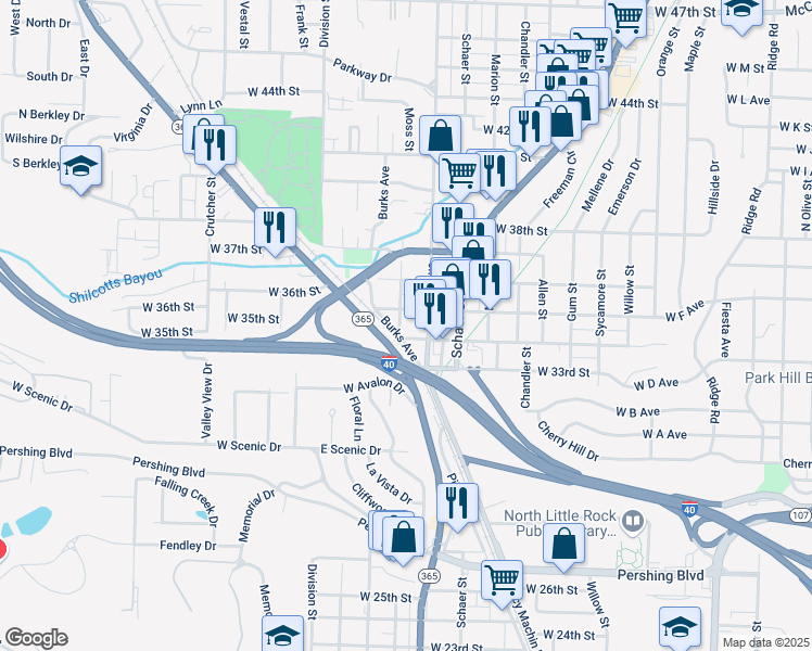 map of restaurants, bars, coffee shops, grocery stores, and more near 1109 West 35th Street in North Little Rock