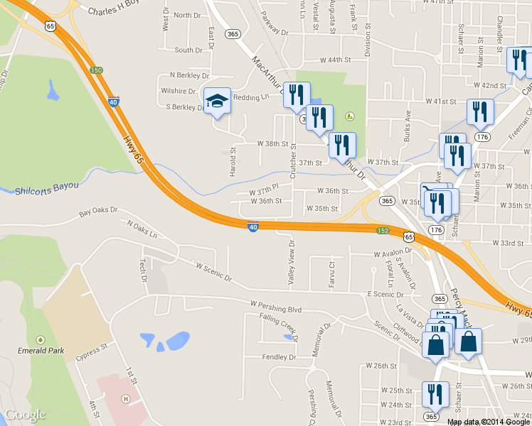 map of restaurants, bars, coffee shops, grocery stores, and more near 1812 West 36th Street in North Little Rock