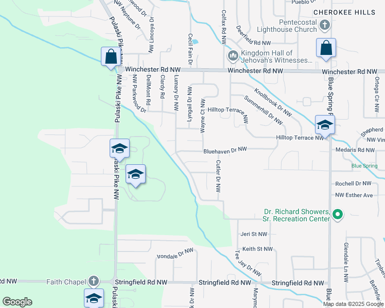 map of restaurants, bars, coffee shops, grocery stores, and more near 4805 Doyce Lane Northwest in Huntsville