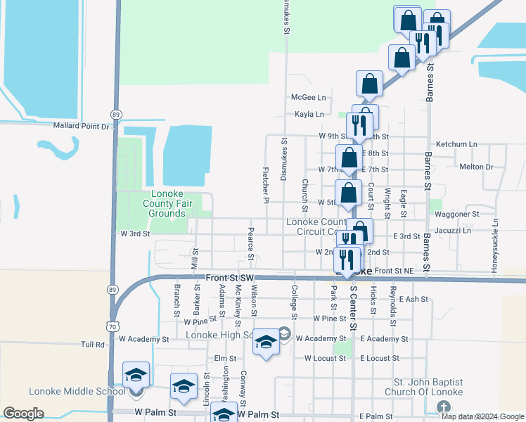 map of restaurants, bars, coffee shops, grocery stores, and more near 604 West 4th Street in Lonoke