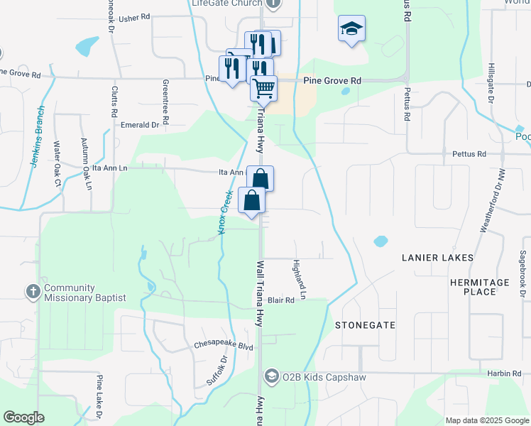 map of restaurants, bars, coffee shops, grocery stores, and more near 6979 Wall Triana Highway in Madison