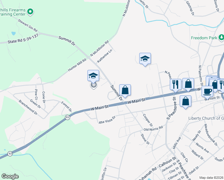 map of restaurants, bars, coffee shops, grocery stores, and more near 119 Forest View Circle in Liberty