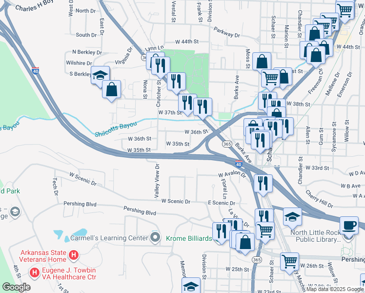 map of restaurants, bars, coffee shops, grocery stores, and more near 1504 West 36th Street in North Little Rock