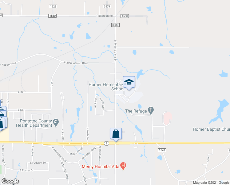 map of restaurants, bars, coffee shops, grocery stores, and more near 1320 North Monte Vista Street in Ada