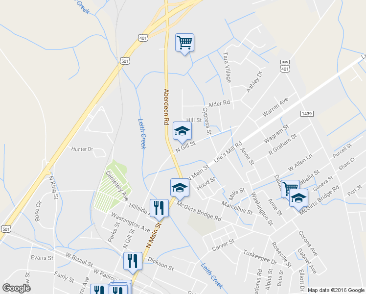 map of restaurants, bars, coffee shops, grocery stores, and more near 831 North Gill Street in Laurinburg