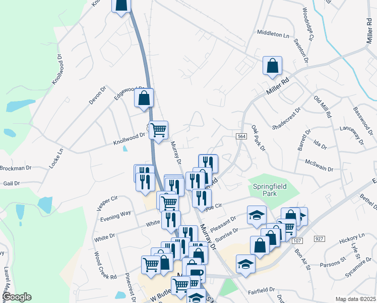 map of restaurants, bars, coffee shops, grocery stores, and more near 101 Murray Drive in Mauldin