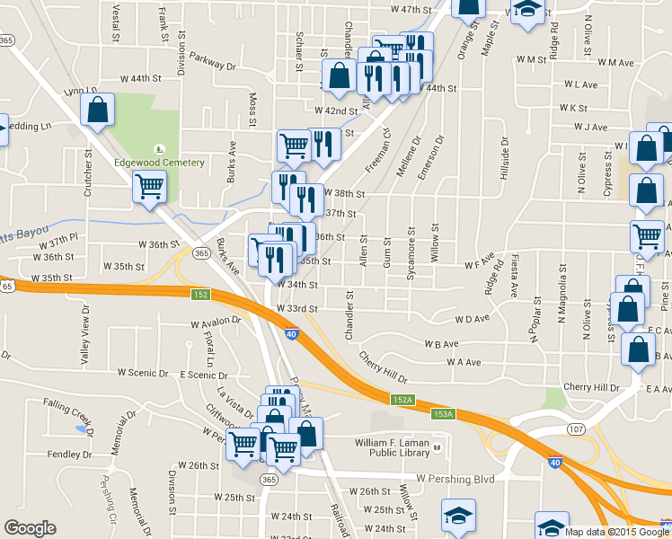 map of restaurants, bars, coffee shops, grocery stores, and more near 3500 Marion Street in North Little Rock