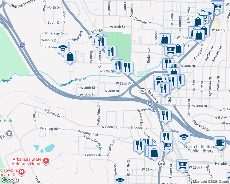 map of restaurants, bars, coffee shops, grocery stores, and more near 1504 West 36th Street in North Little Rock