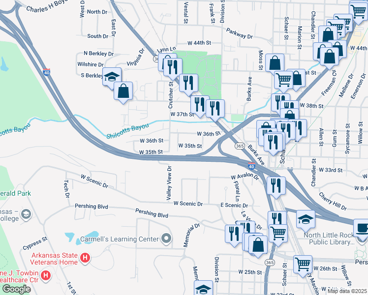 map of restaurants, bars, coffee shops, grocery stores, and more near 1522 West 36th Street in North Little Rock