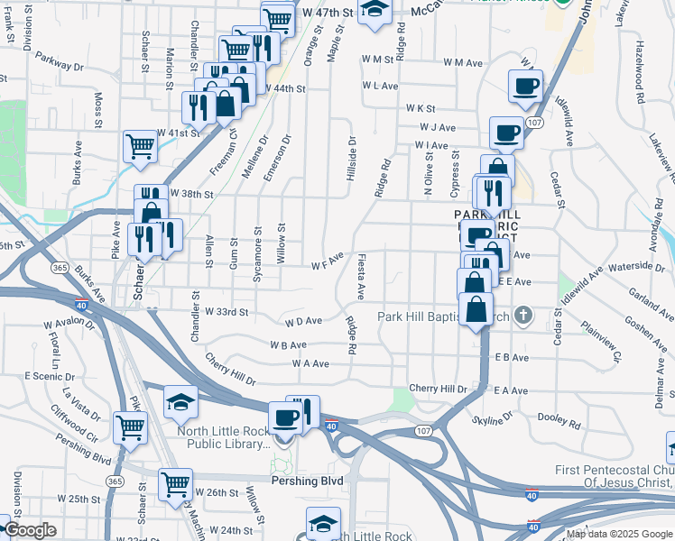 map of restaurants, bars, coffee shops, grocery stores, and more near 3500 Maple Street in North Little Rock