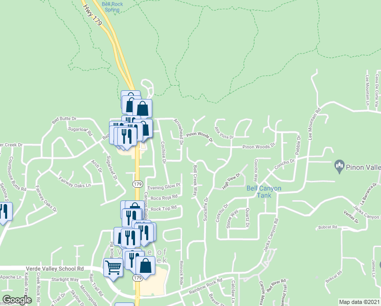 map of restaurants, bars, coffee shops, grocery stores, and more near 50 Rose Mountain Court in Sedona