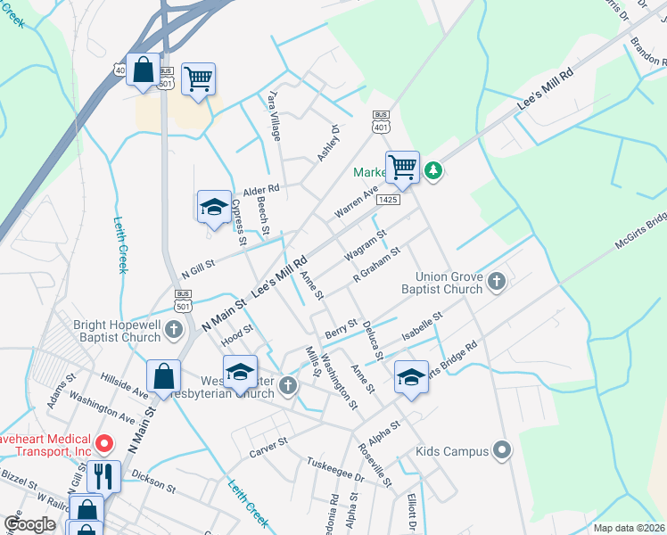 map of restaurants, bars, coffee shops, grocery stores, and more near 401-411 Lee's Mill Road in Laurinburg