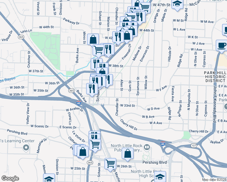 map of restaurants, bars, coffee shops, grocery stores, and more near 3423 Chandler Street in North Little Rock