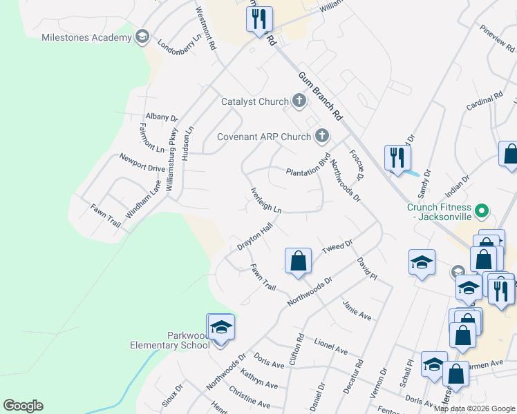 map of restaurants, bars, coffee shops, grocery stores, and more near 106-198 Bellechasse Way in Jacksonville