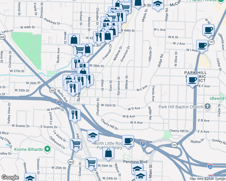 map of restaurants, bars, coffee shops, grocery stores, and more near 3511 Gum Street in North Little Rock