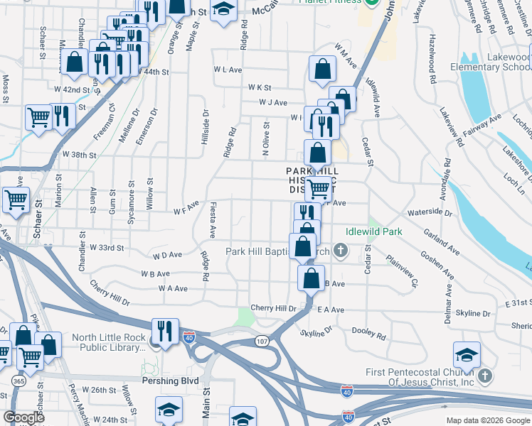 map of restaurants, bars, coffee shops, grocery stores, and more near 3524 North Magnolia Street in North Little Rock