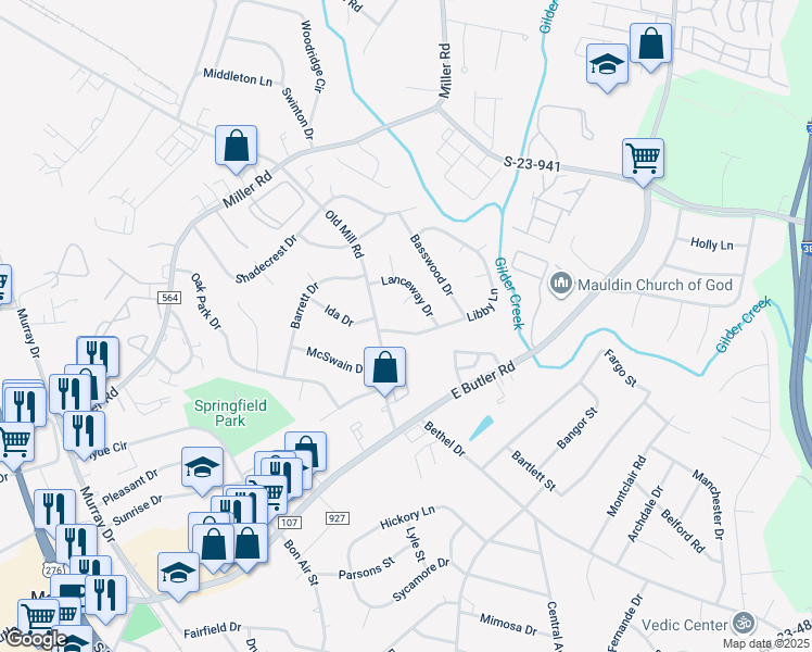 map of restaurants, bars, coffee shops, grocery stores, and more near 105 Libby Lane in Mauldin