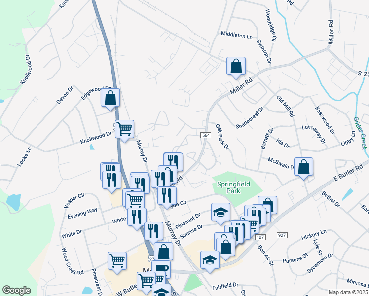 map of restaurants, bars, coffee shops, grocery stores, and more near 299 Miller Road in Mauldin