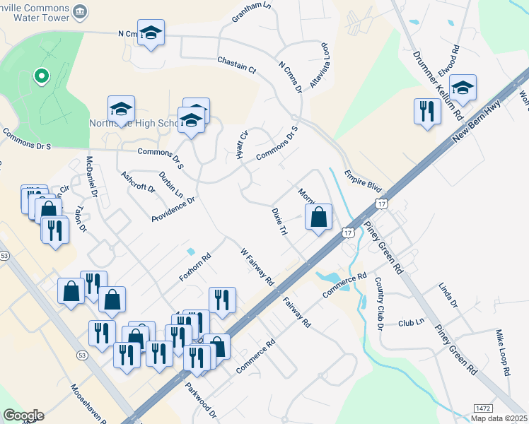 map of restaurants, bars, coffee shops, grocery stores, and more near 45 Dixie Trail in Jacksonville