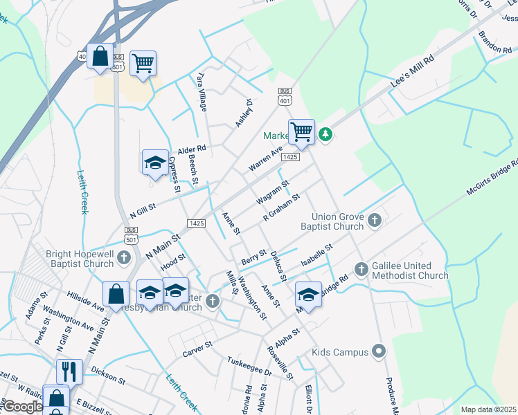 map of restaurants, bars, coffee shops, grocery stores, and more near 504 Wagram Street in Laurinburg