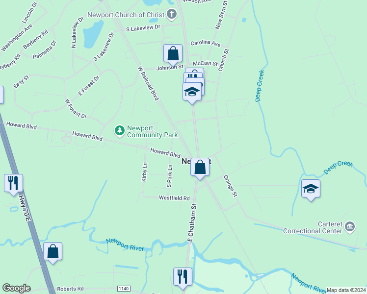 map of restaurants, bars, coffee shops, grocery stores, and more near E Railroad Blvd in Newport