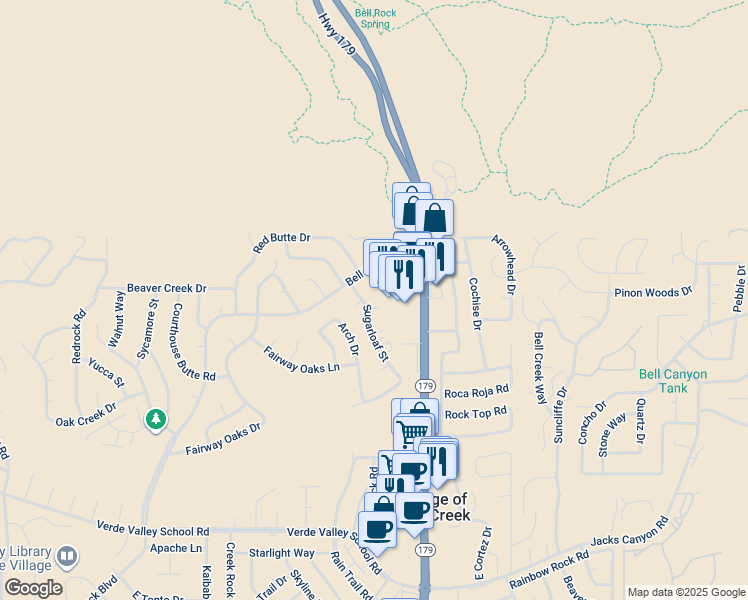 map of restaurants, bars, coffee shops, grocery stores, and more near 81 Bell Rock Plaza in Sedona