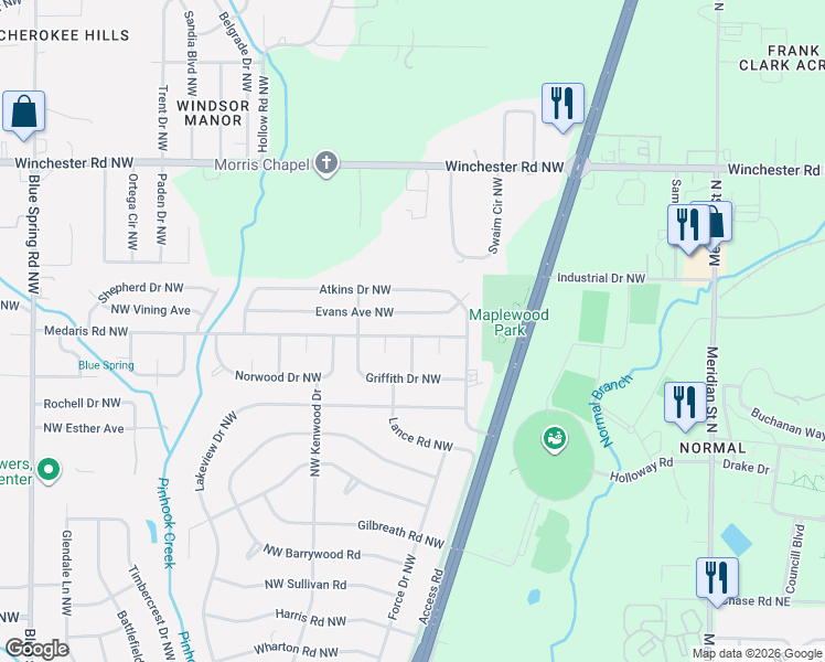 map of restaurants, bars, coffee shops, grocery stores, and more near 2127 Evans Avenue Northwest in Huntsville