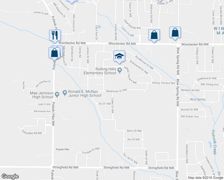 map of restaurants, bars, coffee shops, grocery stores, and more near 4738 Bluehaven Drive Northwest in Huntsville