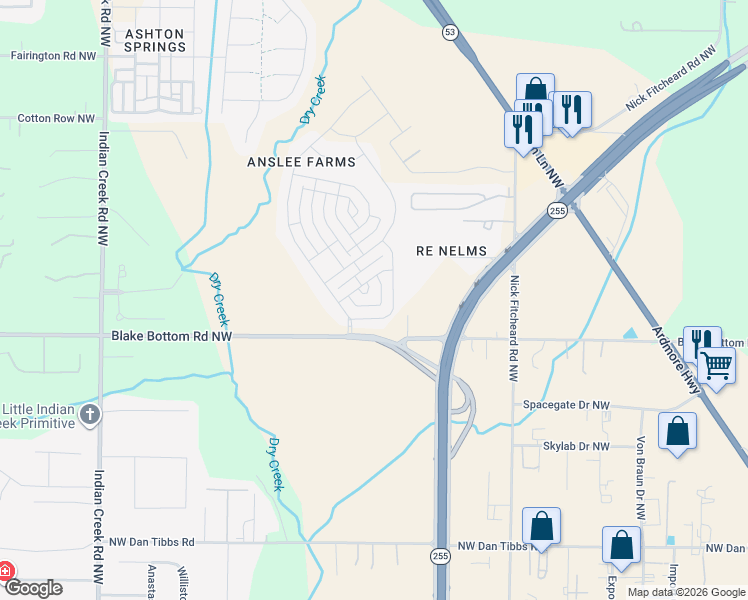 map of restaurants, bars, coffee shops, grocery stores, and more near 7612 Graydon Street in Huntsville