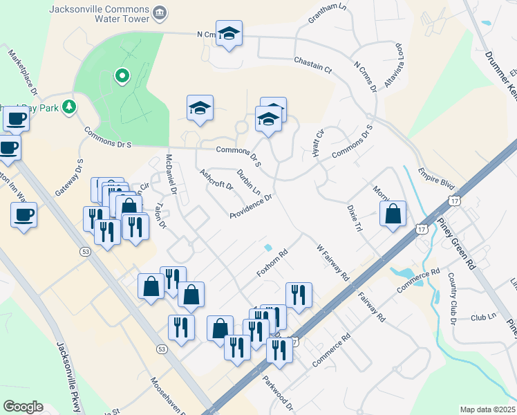 map of restaurants, bars, coffee shops, grocery stores, and more near 205 Providence Drive in Jacksonville