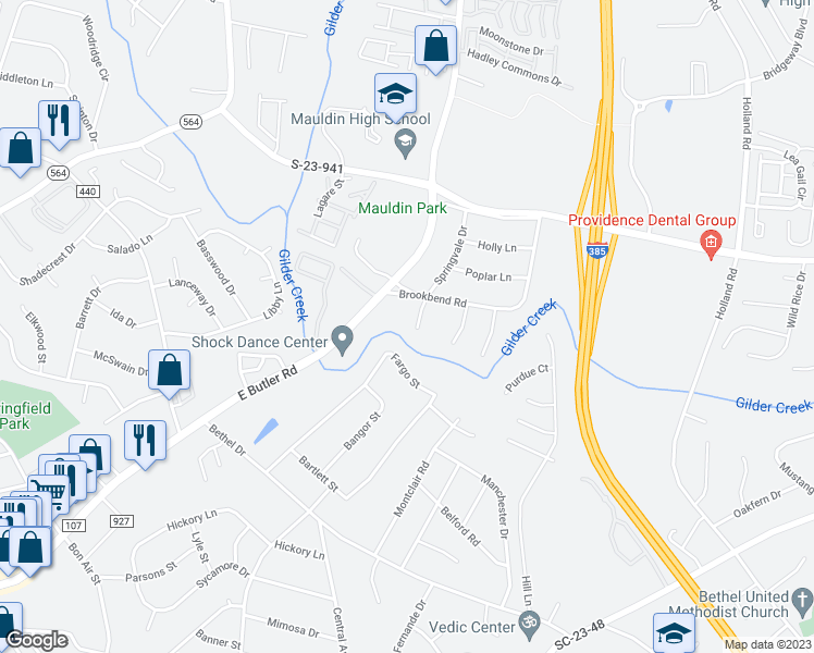 map of restaurants, bars, coffee shops, grocery stores, and more near 412 East Butler Road in Mauldin