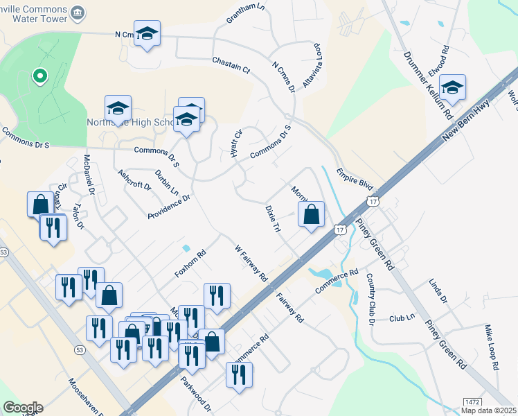 map of restaurants, bars, coffee shops, grocery stores, and more near 45 Dixie Trail in Jacksonville