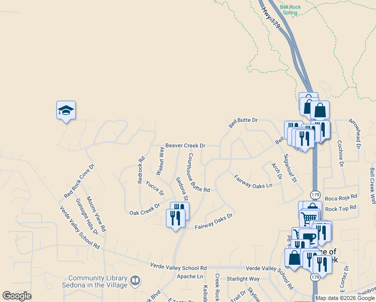 map of restaurants, bars, coffee shops, grocery stores, and more near 130 Beaver Creek Drive in Sedona