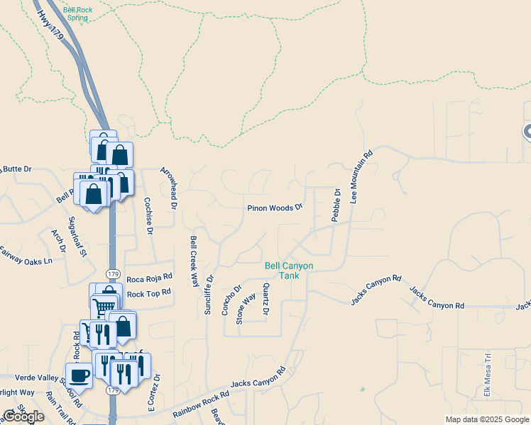 map of restaurants, bars, coffee shops, grocery stores, and more near 209 Pinon Woods Drive in Sedona