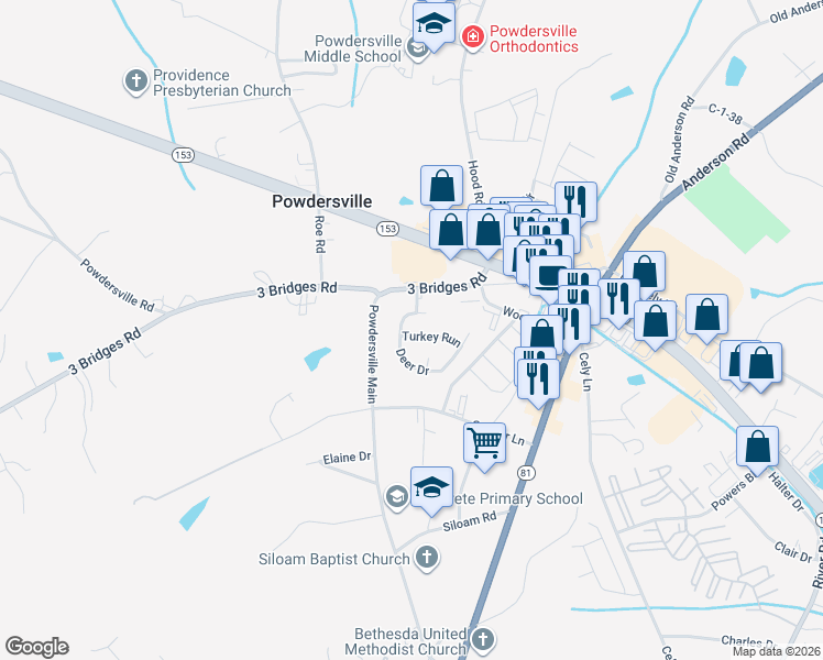 map of restaurants, bars, coffee shops, grocery stores, and more near 103 Deer Drive in Greenville
