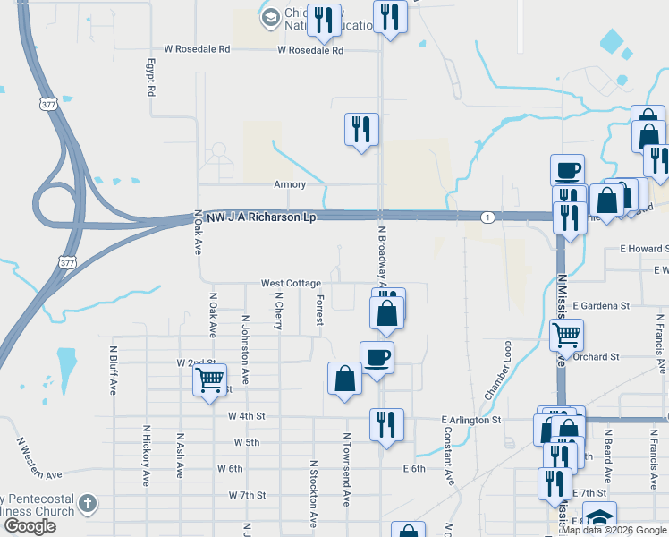 map of restaurants, bars, coffee shops, grocery stores, and more near 1300 Nadine Drive in Ada