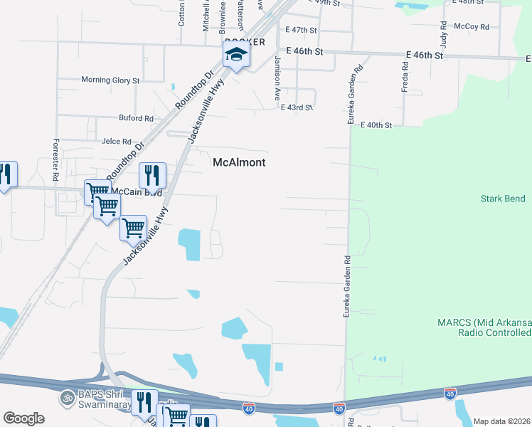 map of restaurants, bars, coffee shops, grocery stores, and more near 3426 Eureka Garden Road in North Little Rock