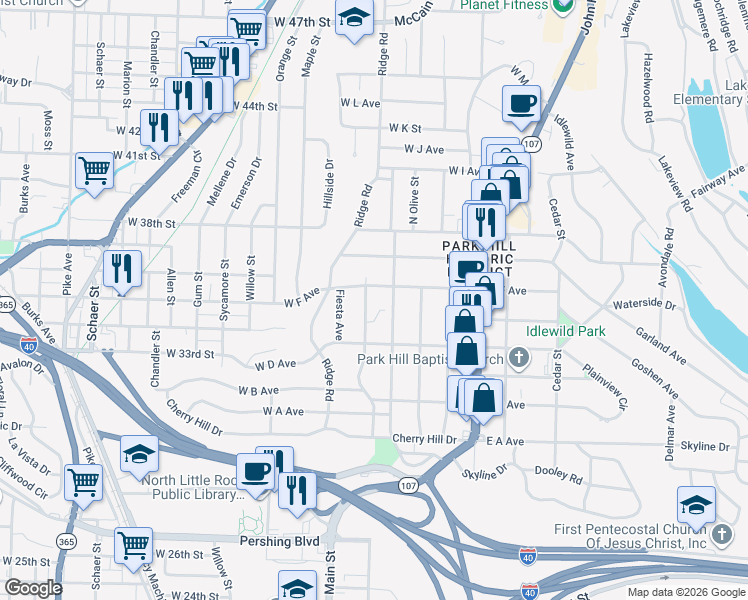 map of restaurants, bars, coffee shops, grocery stores, and more near 3522 North Poplar Street in North Little Rock