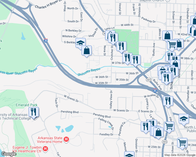 map of restaurants, bars, coffee shops, grocery stores, and more near 1812 West 36th Street in North Little Rock